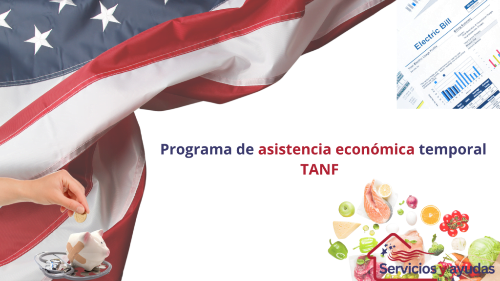 Mano colocando moneda en una alcancía, facturas y alimentos junto a la bandera de Estados Unidos con el texto del Programa TANF.