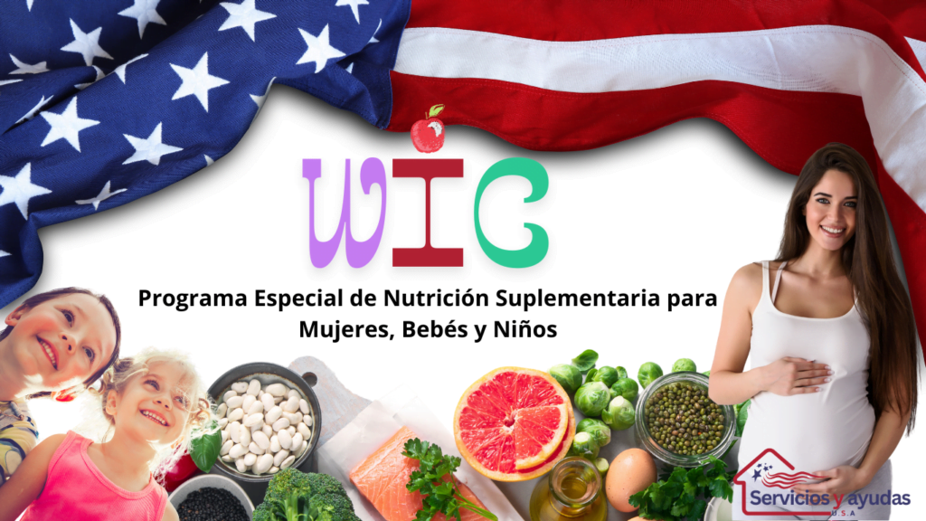 Madre embarazada junto a niños pequeños, alimentos saludables y el texto del Programa WIC sobre la bandera de Estados Unidos.