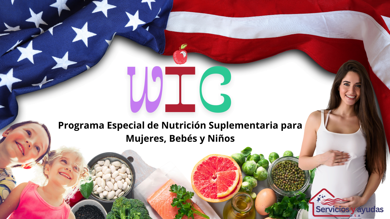 Collage promocional del Programa WIC que combina el logotipo con alimentos saludables y elementos patrióticos, con rostros pixelados para proteger la privacidad.