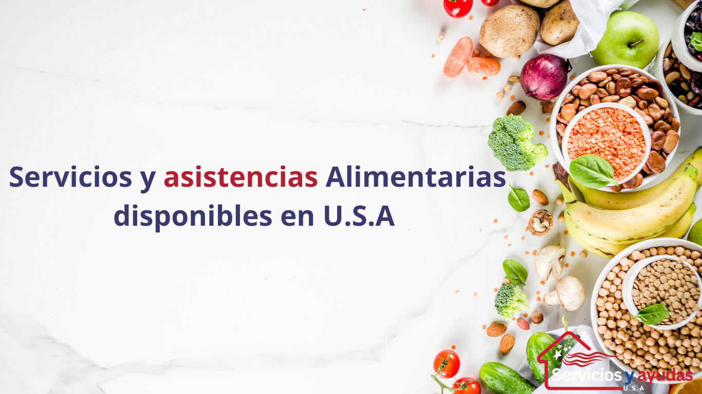 Representa una imagen sobre ayudas y servicios de asistencia alimentaria. En la derecha tiene varios alimentos en un fondo blanco y el titulo. Servicios y asistencia Alimentaria disponible en U.S.A