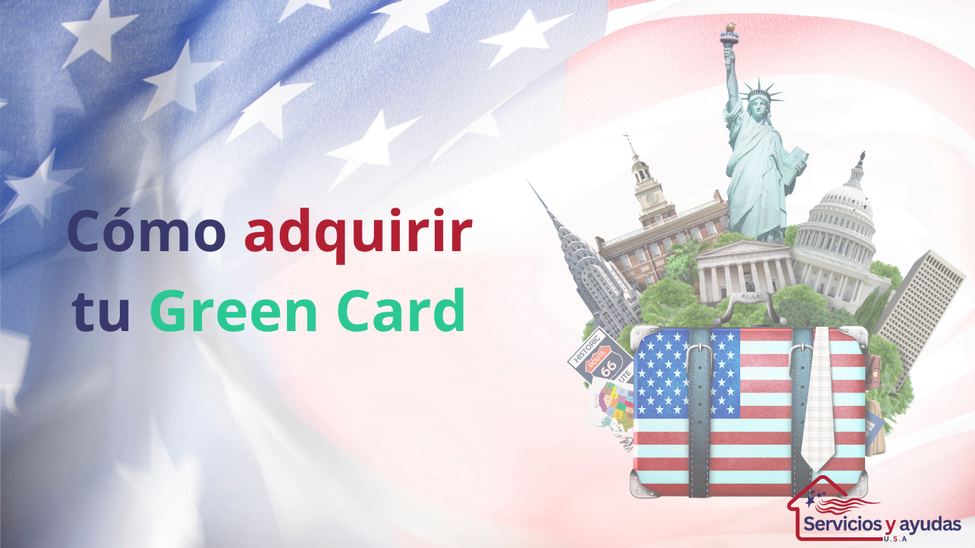 adquirir tu green Imagen representativa de cómo adquirir tu green card en Estados Unidos, mostrando la Estatua de la Libertad y otros iconos estadounidenses junto a una maleta con la bandera de EE.UU.