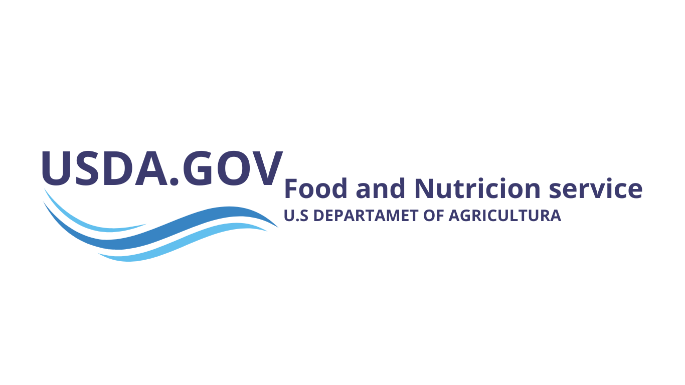 Imagen del Servicio de Alimentos y Nutrición del Departamento de Agricultura de los Estados Unidos (USDA), con el texto “USDA.GOV” en azul oscuro y debajo las palabras “Food and Nutrition service” seguido por “U.S DEPARTMENT OF AGRICULTURE” en letras más pequeñas. Sobre el texto hay una onda azul que simboliza posiblemente la nutrición y los recursos naturales.