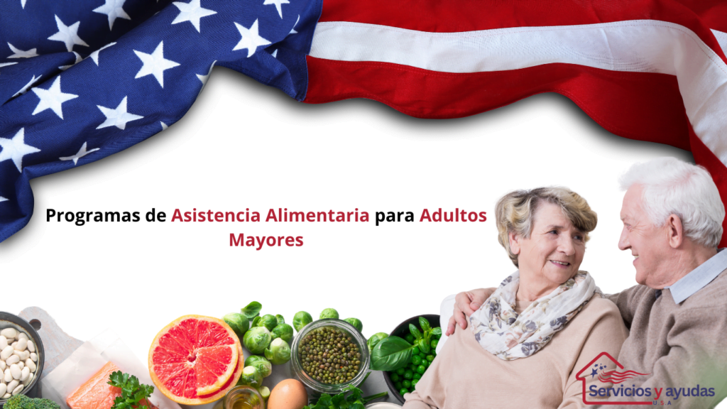 Imagen con la bandera de Estados Unidos en el fondo, dos adultos mayores cuyos rostros están ocultos por bloques de privacidad, y una variedad de alimentos frescos que simbolizan los programas de asistencia alimentaria para adultos mayores.